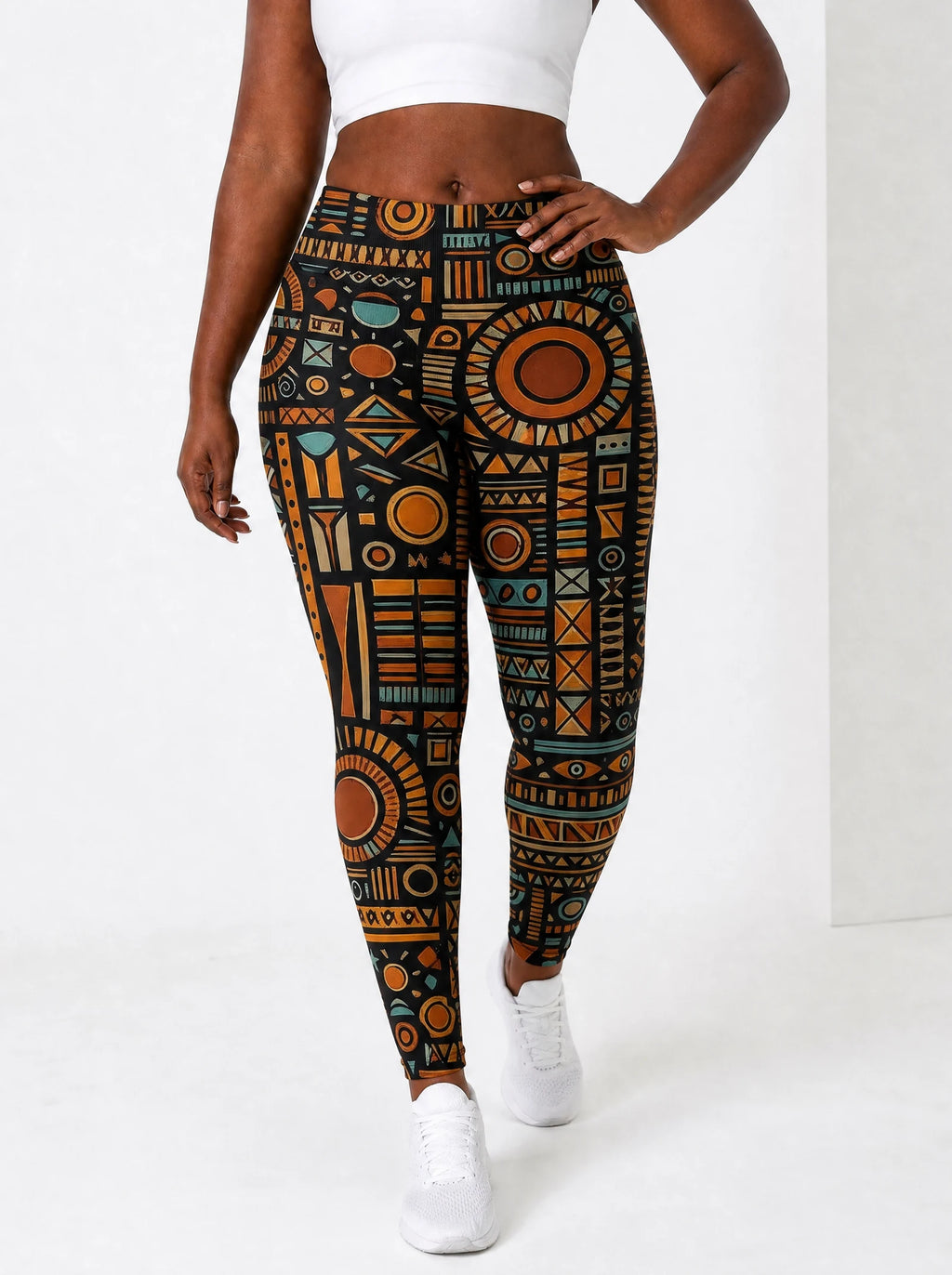 Afrocentric Pattern Leggings — front view on model