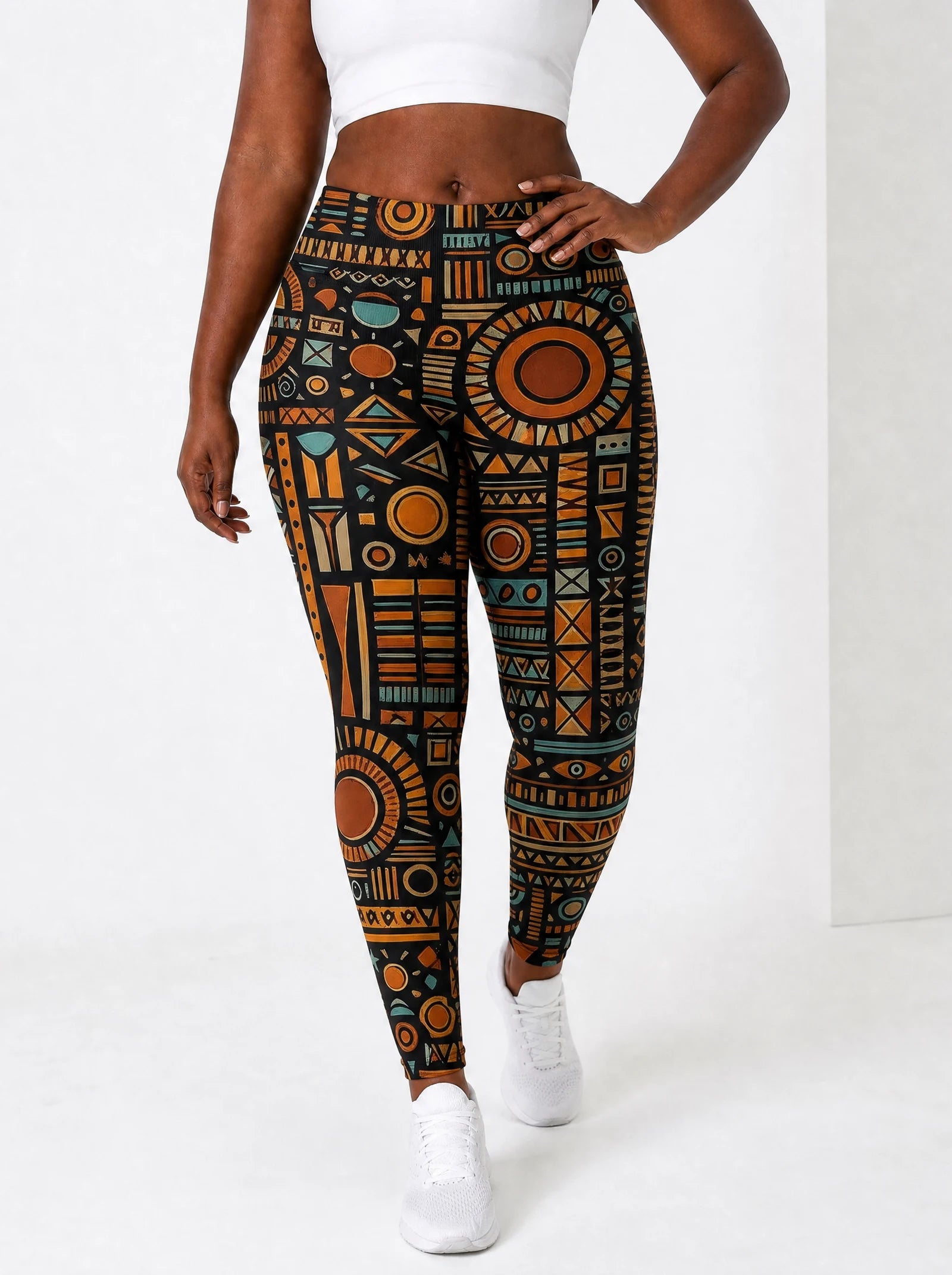 Afrocentric Pattern Leggings — front view on model