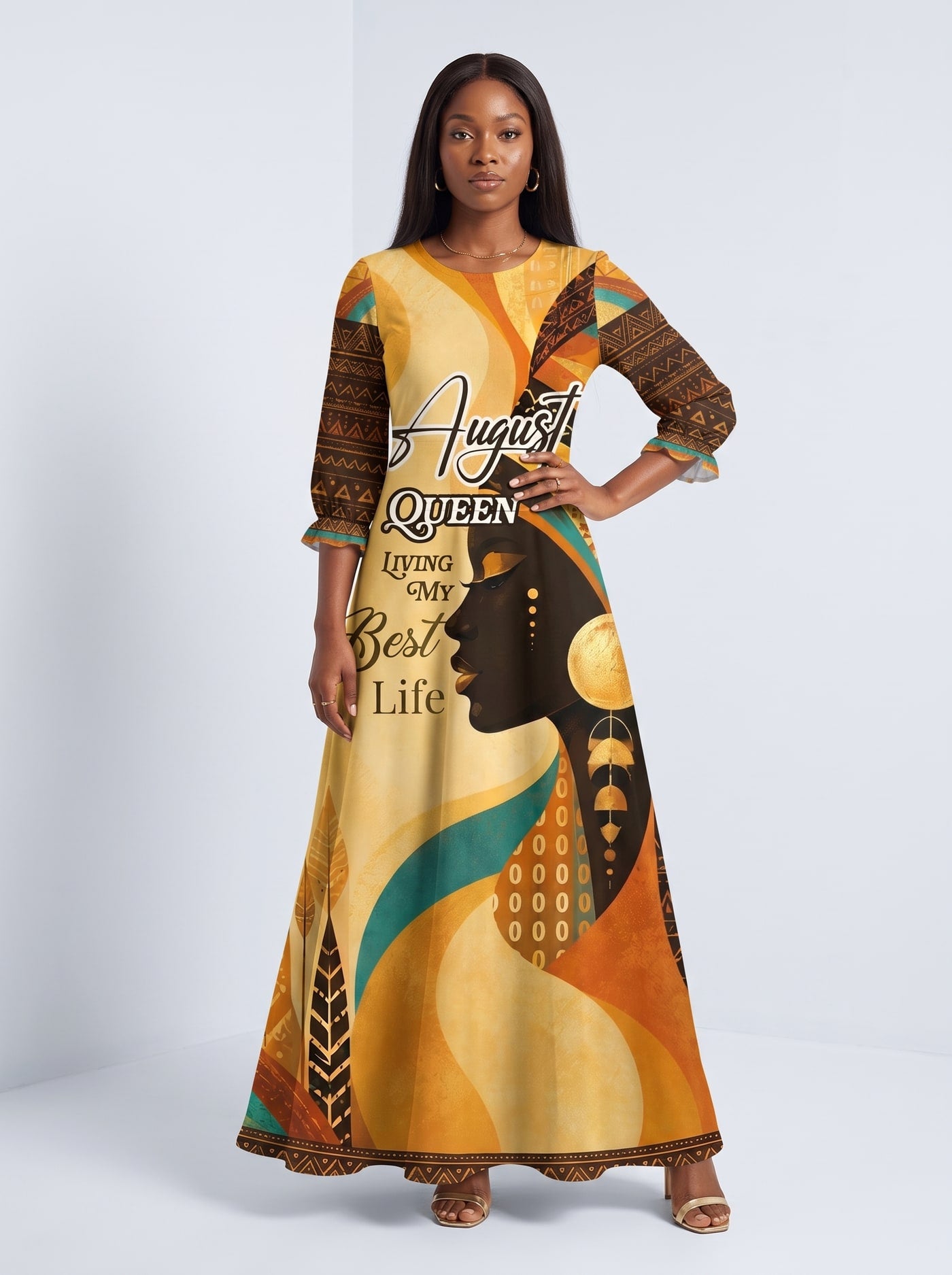 "August Queen Best Life" Long Sleeve Maxi Dress