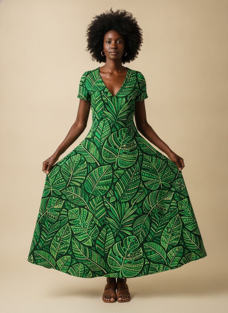"Asili" Emerald Short Sleeve Maxi Dress