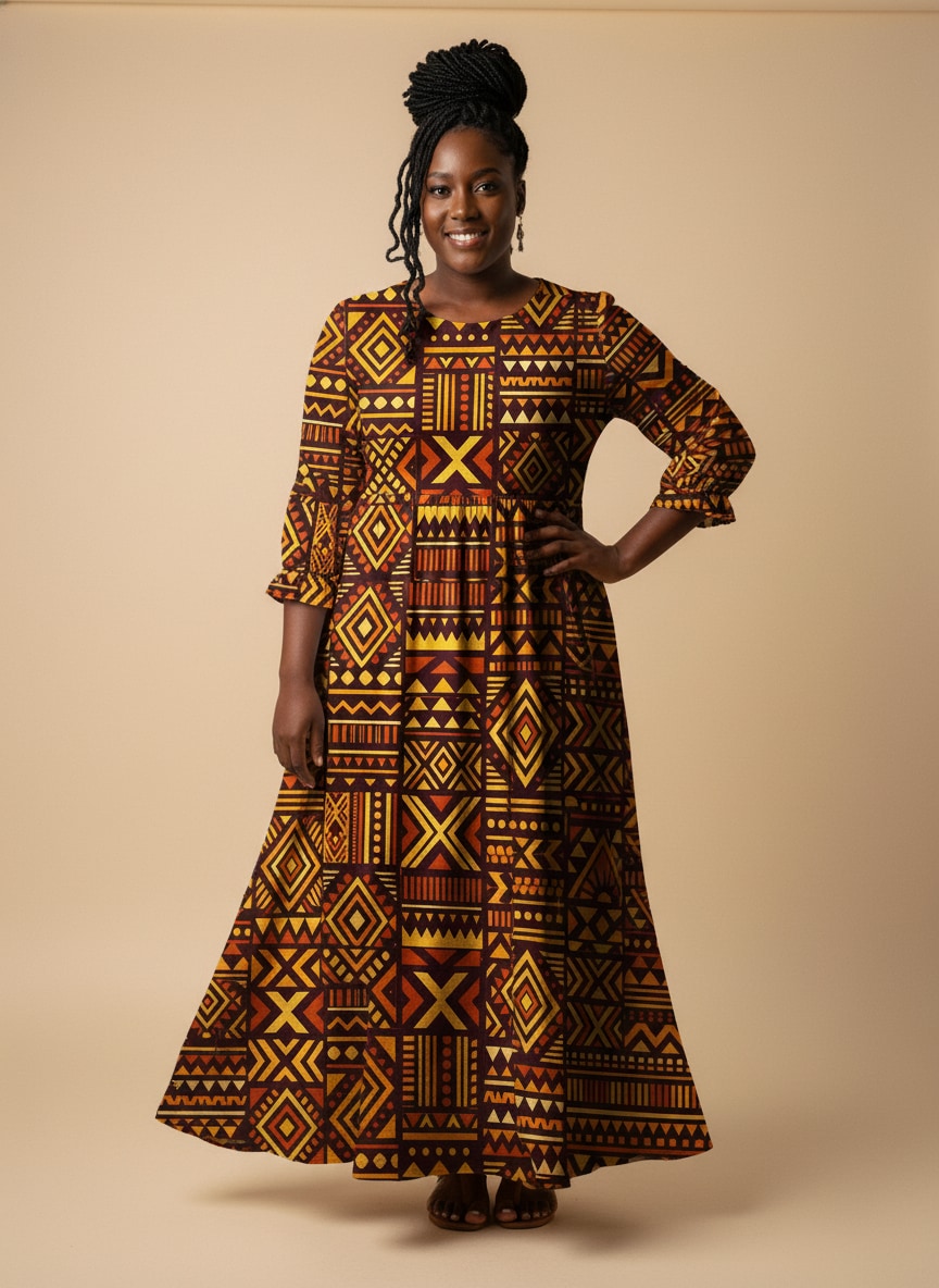 Mudcloth Long Sleeve Maxi Dress