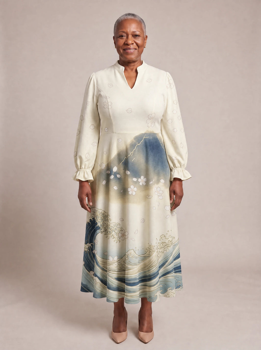 "Wimbi" Long Puff Sleeve Dress — front view on model