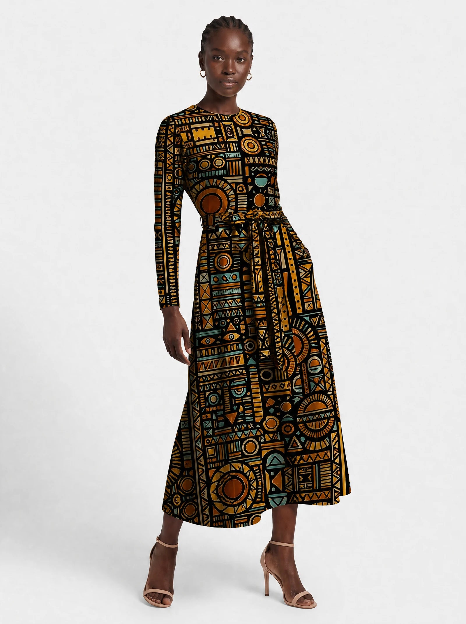 "Afrocentric Pattern" Viscose Midi Dress — front view on model