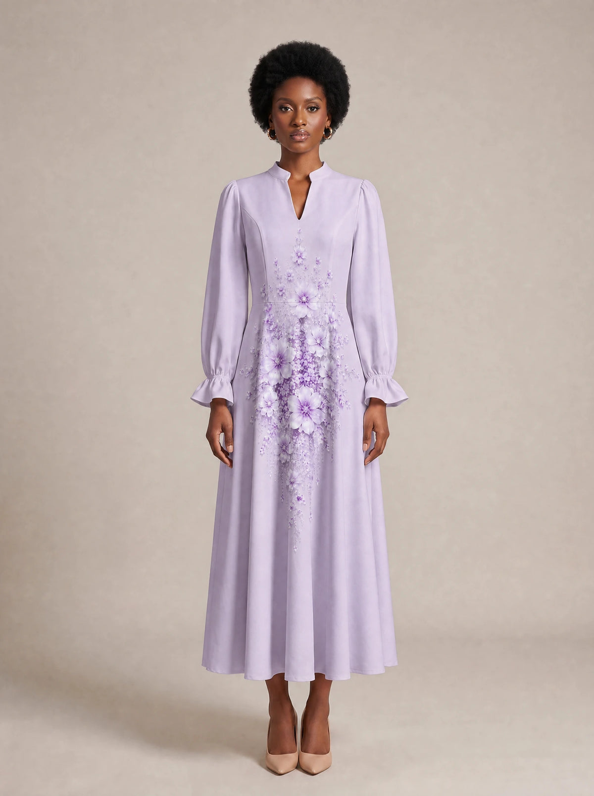 "Zambarau" Long Puff Sleeve Maxi Dress — front view on model