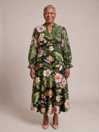 "Kasuku" Long Puff Sleeve Dress — front view on model