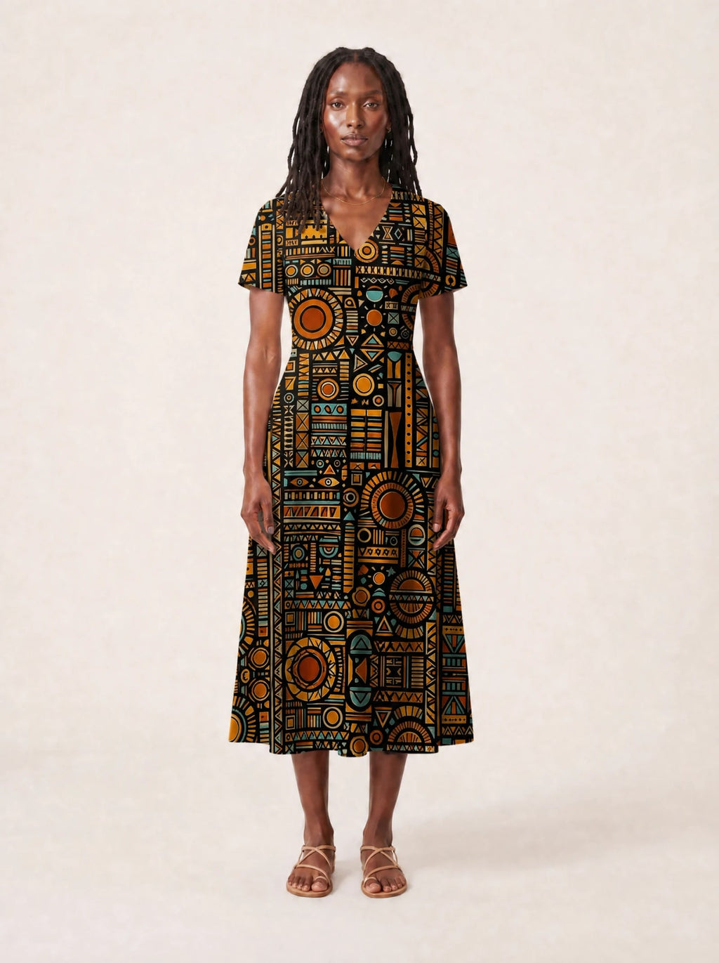 "Afrocentric Pattern" V Neck Midi Dress Promo