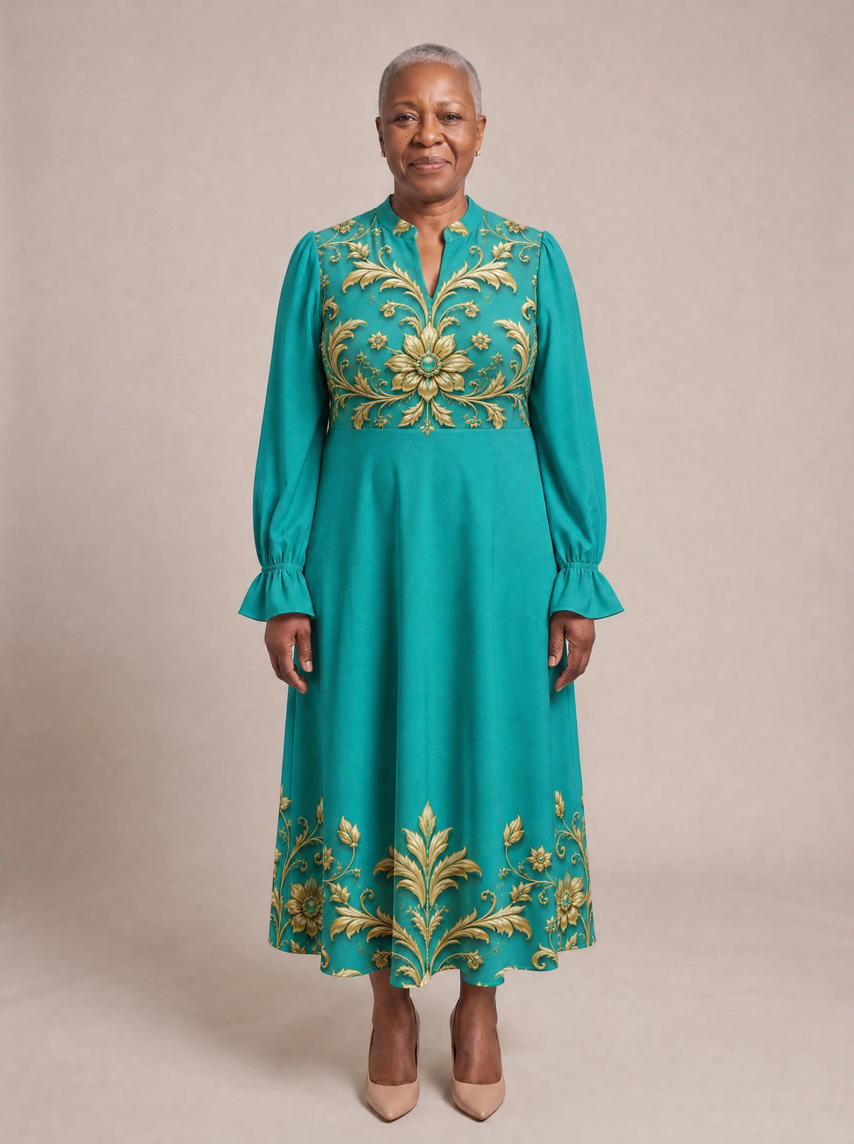"Heshima" Long Puff Sleeve Dress — front view on model