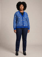 "Oshun Royal Blue" Cardigan — front view on model