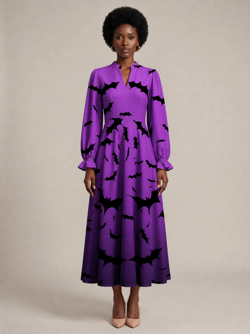 "Popo" Halloween Long Puff Sleeve Dress — front view on model