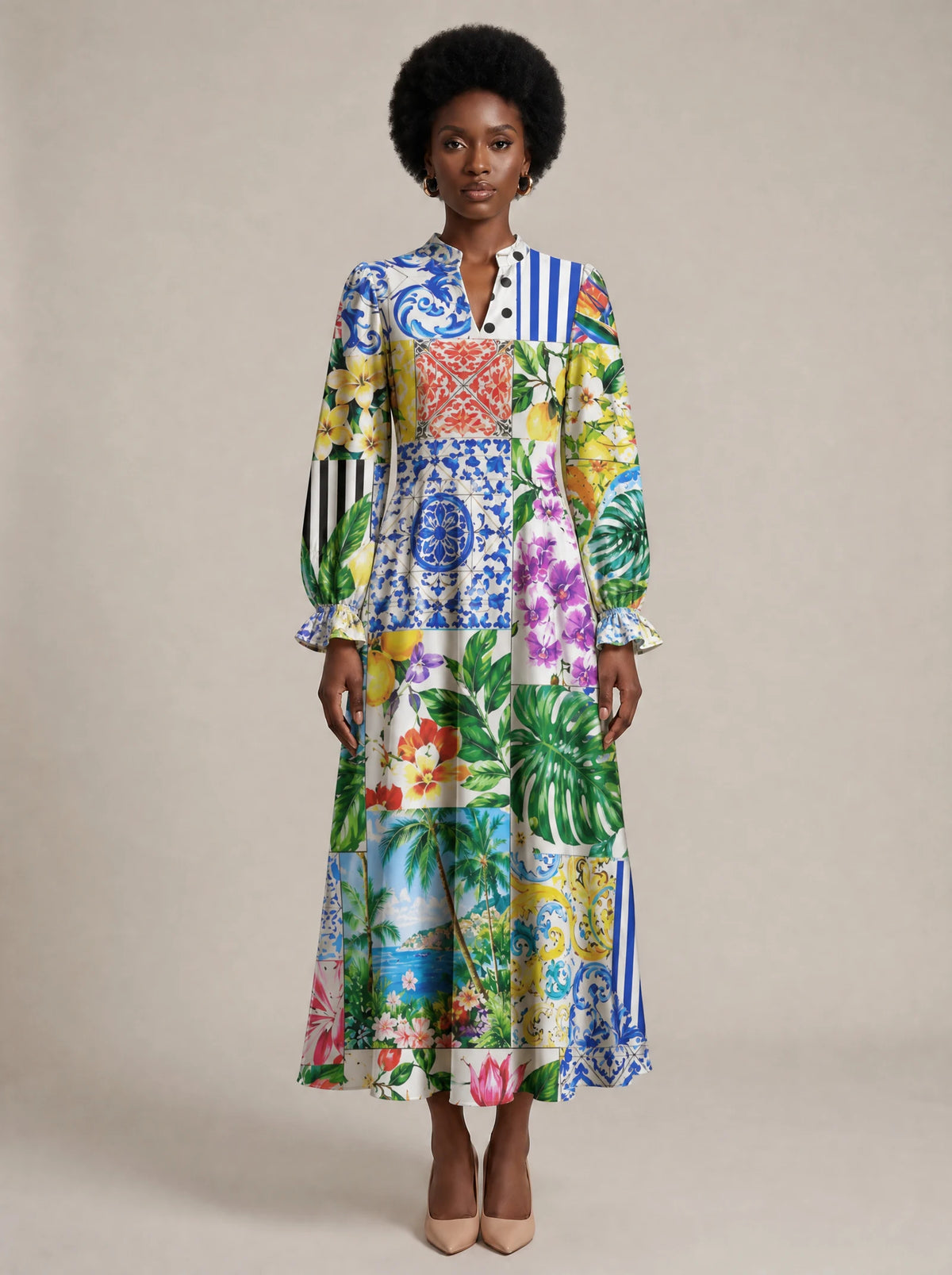 "Kisiwa" Long Puff Sleeve Dress — front view on model