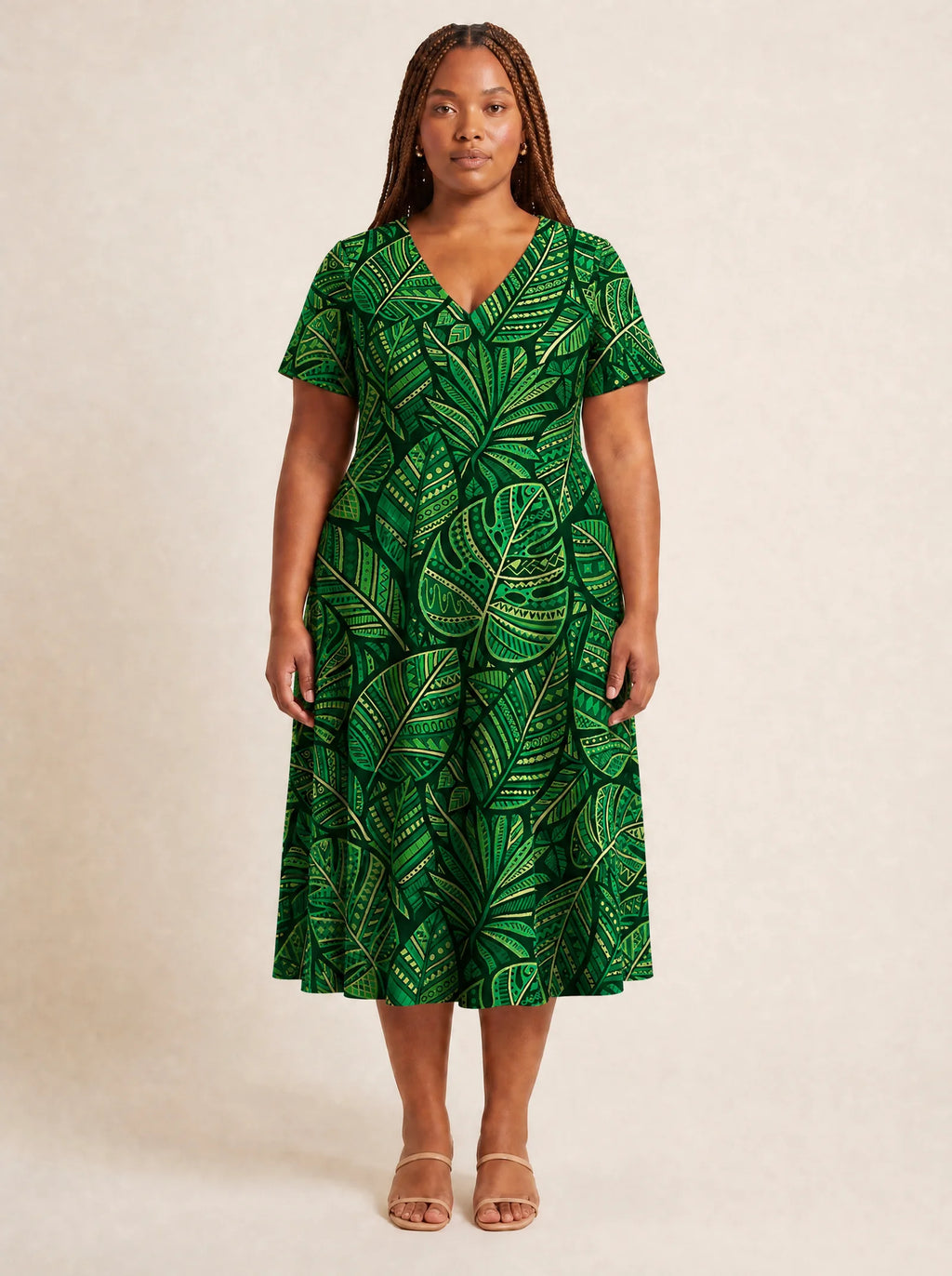 "Asili Emerald" V Neck Midi Dress