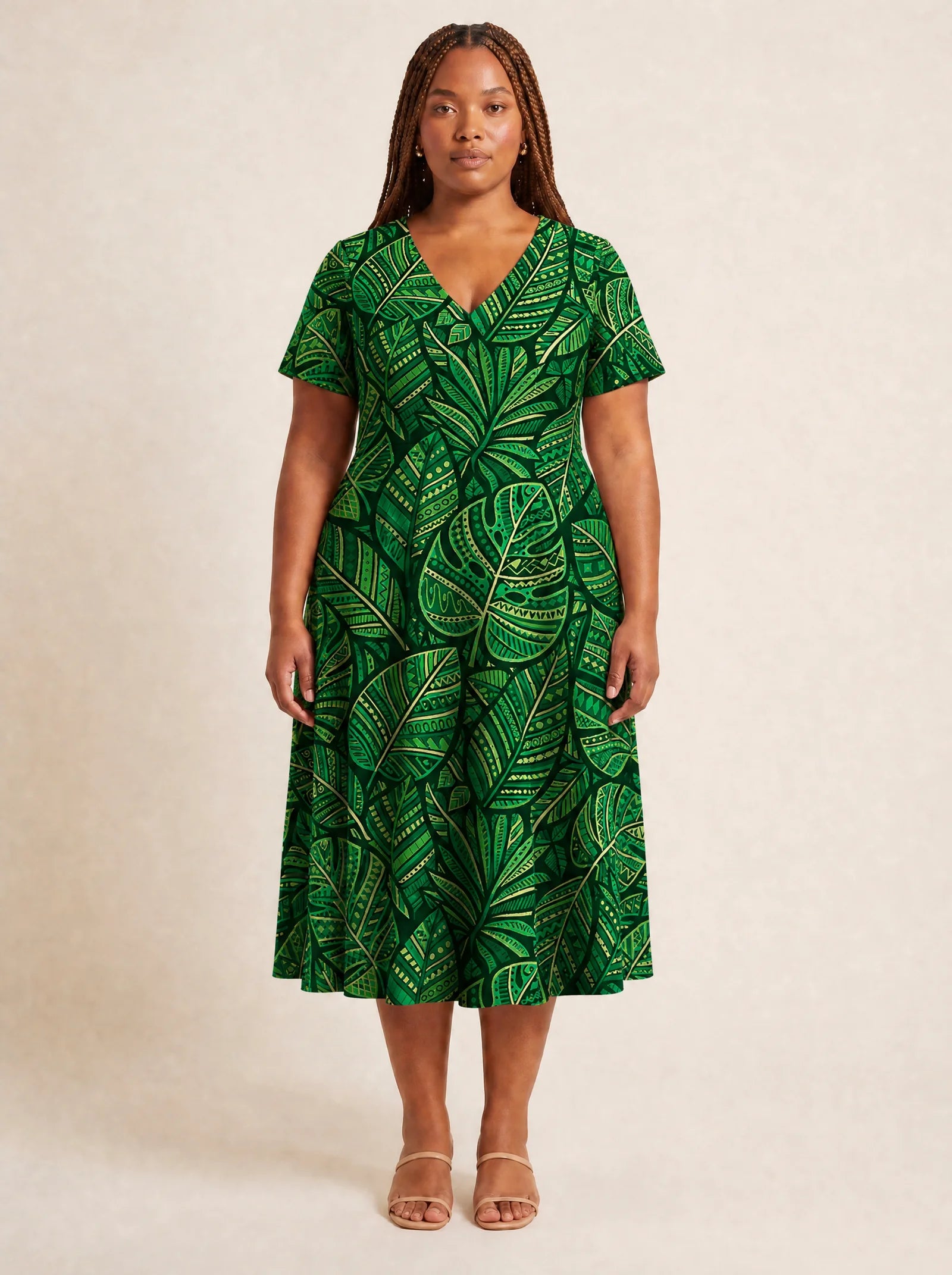 "Asili Emerald" V Neck Midi Dress
