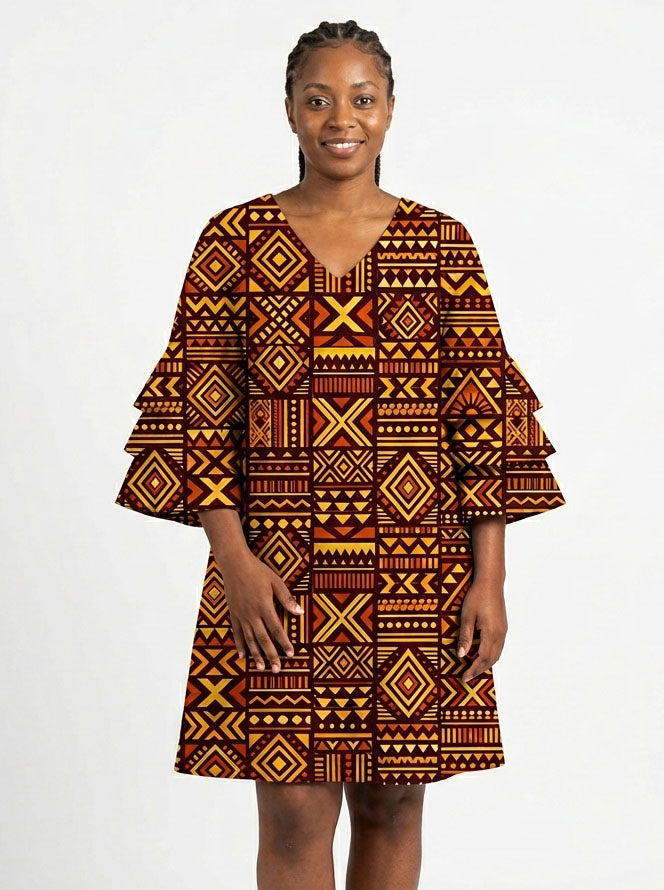 Mudcloth Stacked Ruffle Sleeve Dress