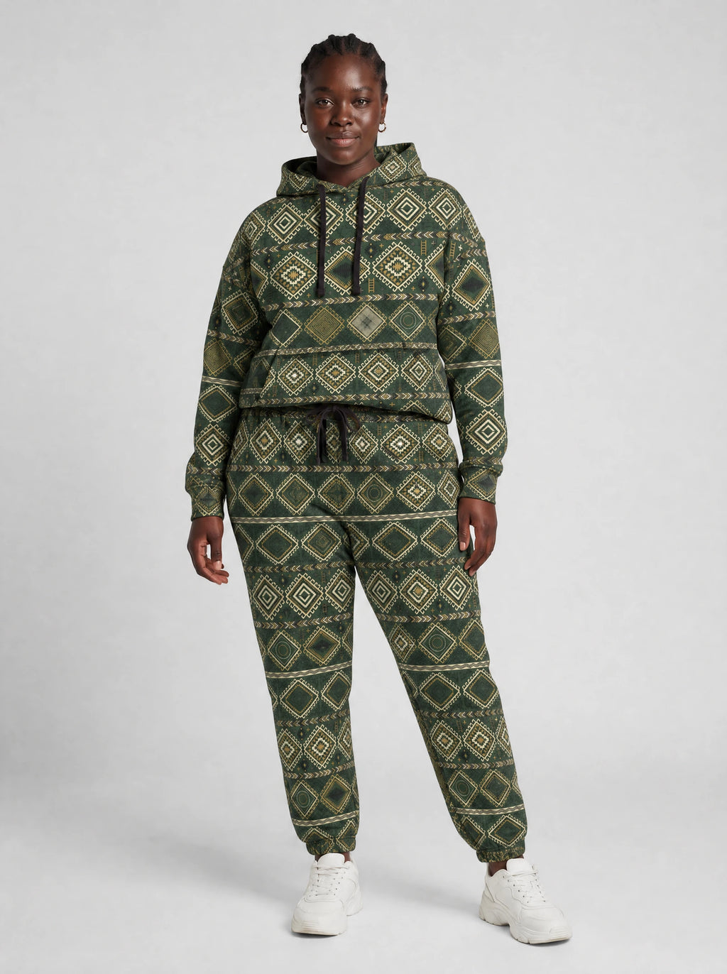 "Kilele" Forest Brass Hoodie & Jogger Set — front view on model