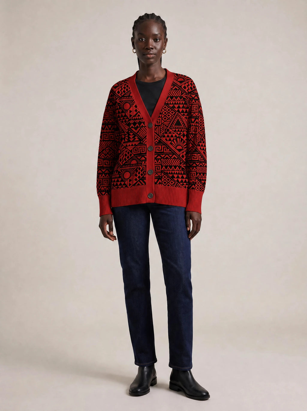 "Shaka" Burgundy Knitted Cardigan — front view on model
