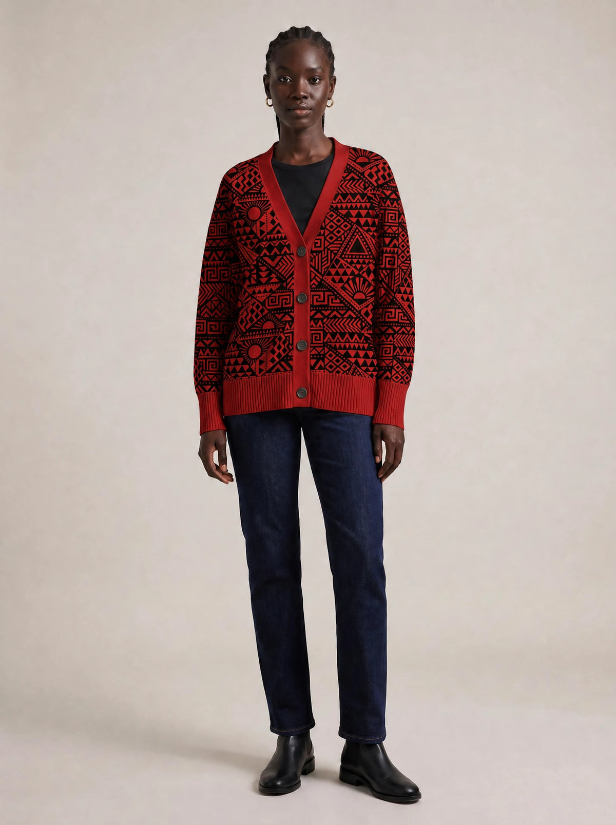 "Shaka" Burgundy Knitted Cardigan — front view on model