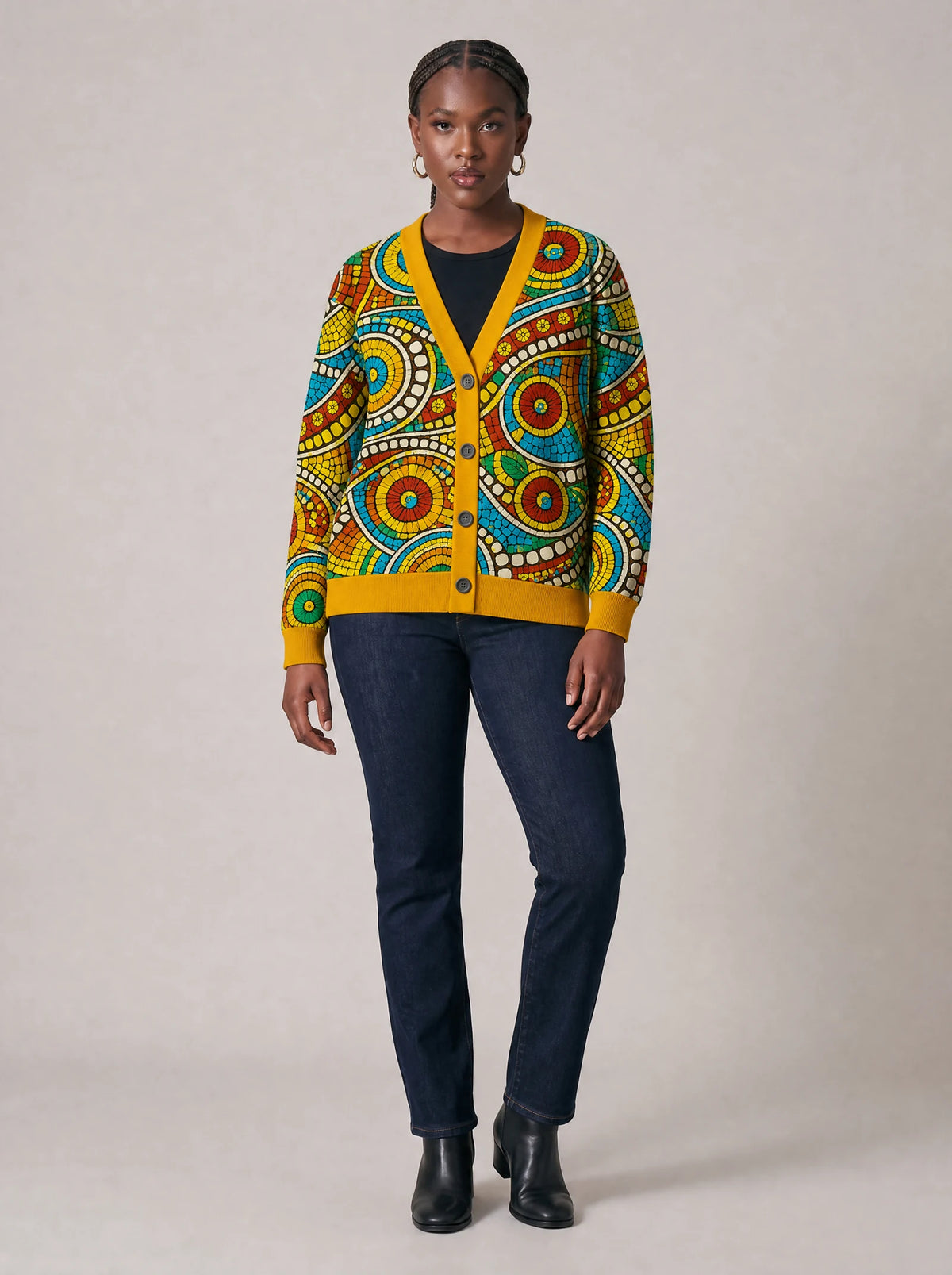 "Taji" Cardigan — front view on model