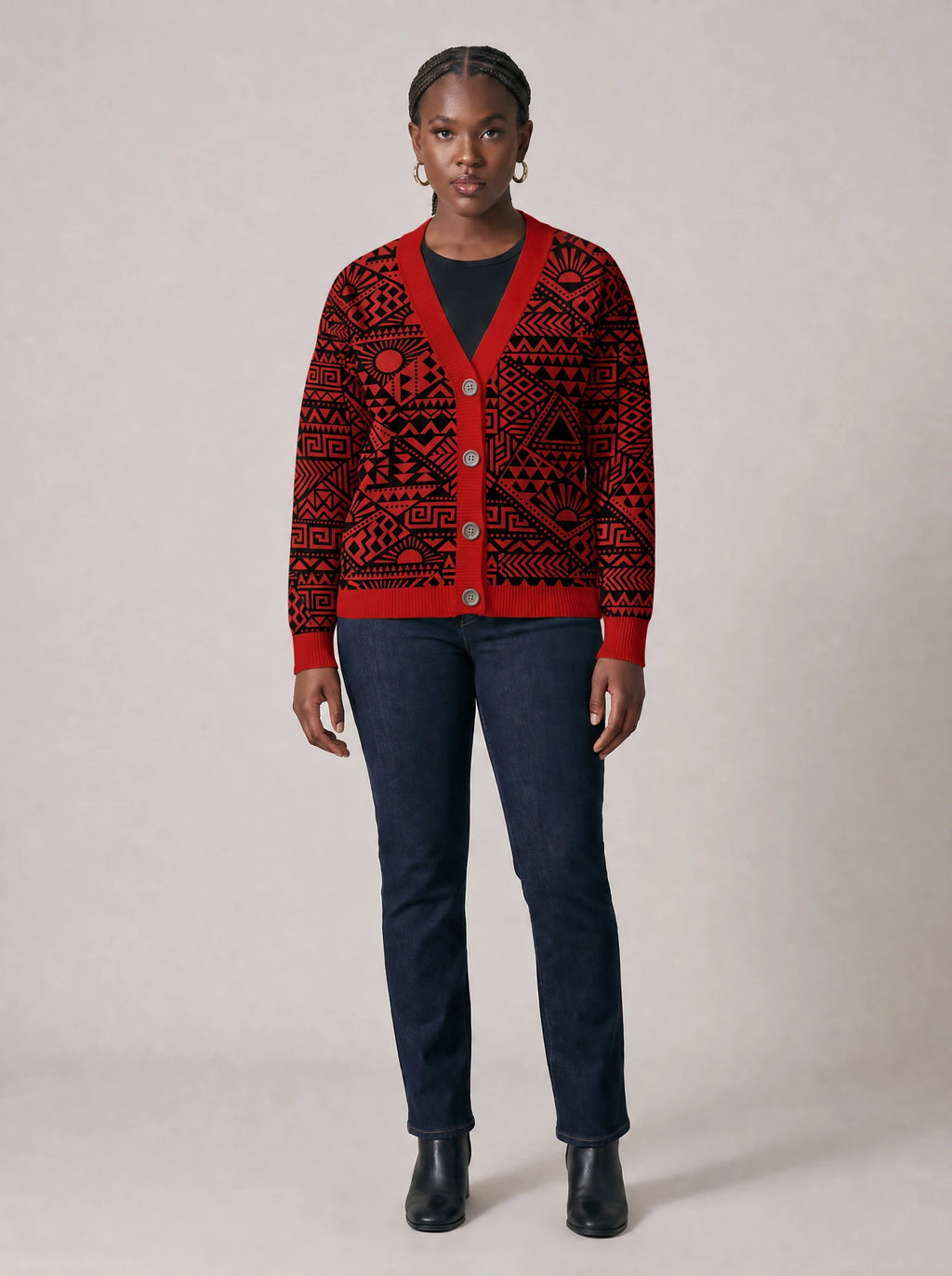 "Shaka" Burgundy Cardigan — front view on model
