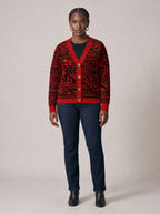 "Shaka" Burgundy Cardigan — front view on model
