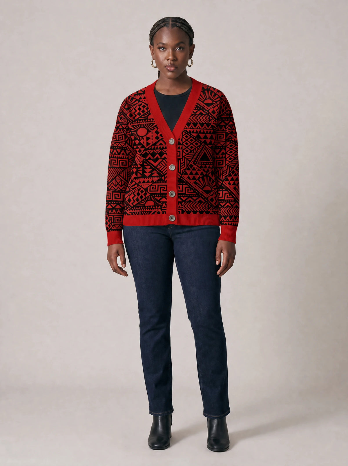"Shaka" Burgundy Cardigan — front view on model