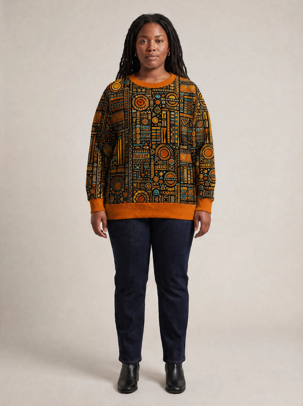 "Afrocentric Pattern" Sweatshirt — front view on model