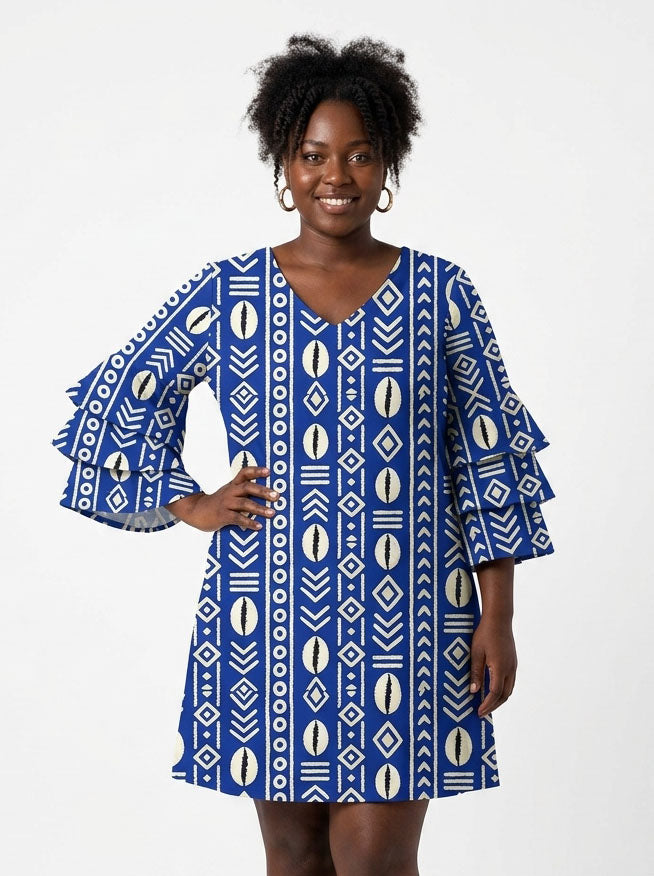 "Oshun" Royal Blue Stacked Ruffle Sleeve Dress