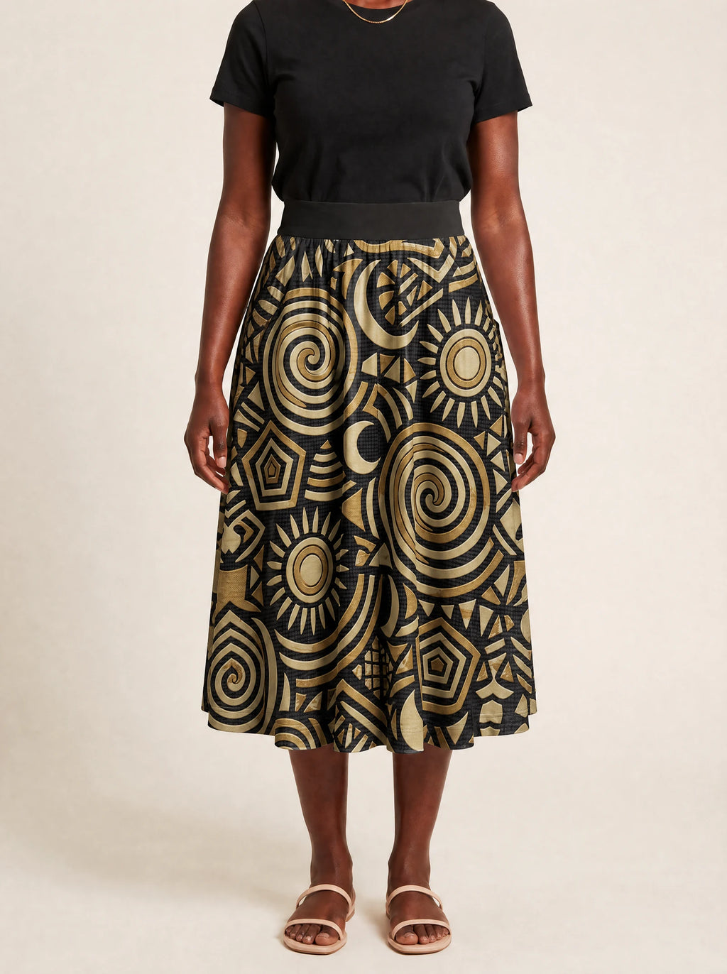"Sahara" Twirl Skirt — cropped front view on model