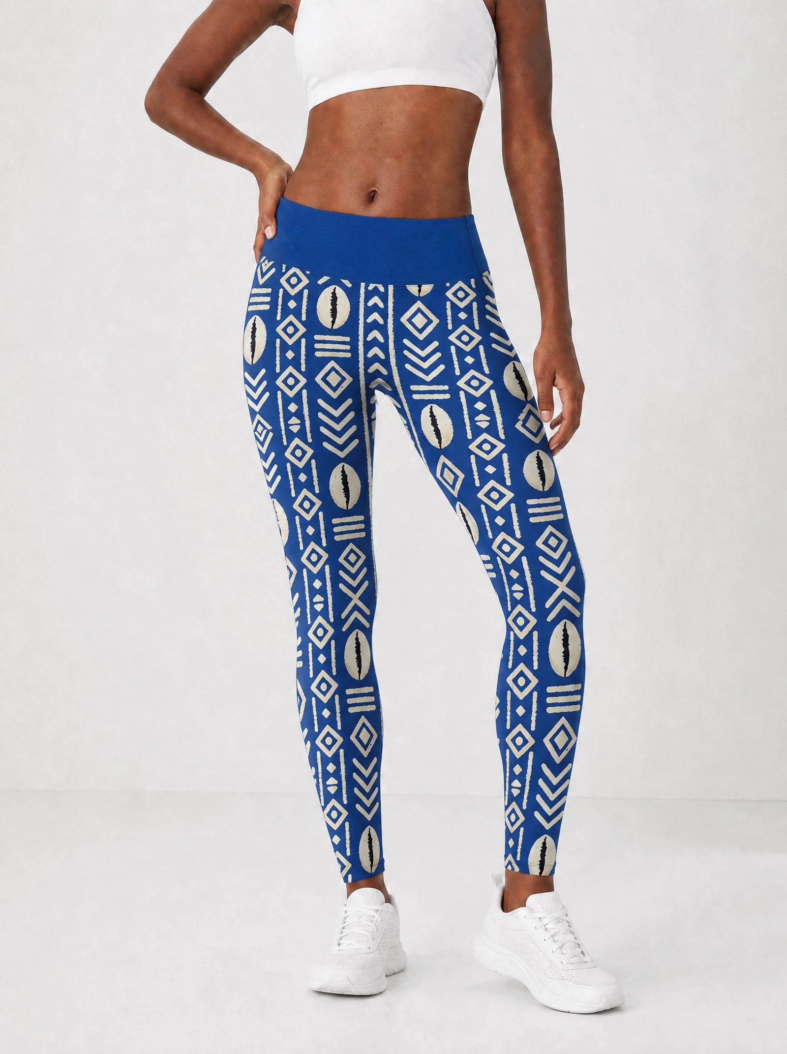 "Oshun" Royal Blue Leggings — front view on model