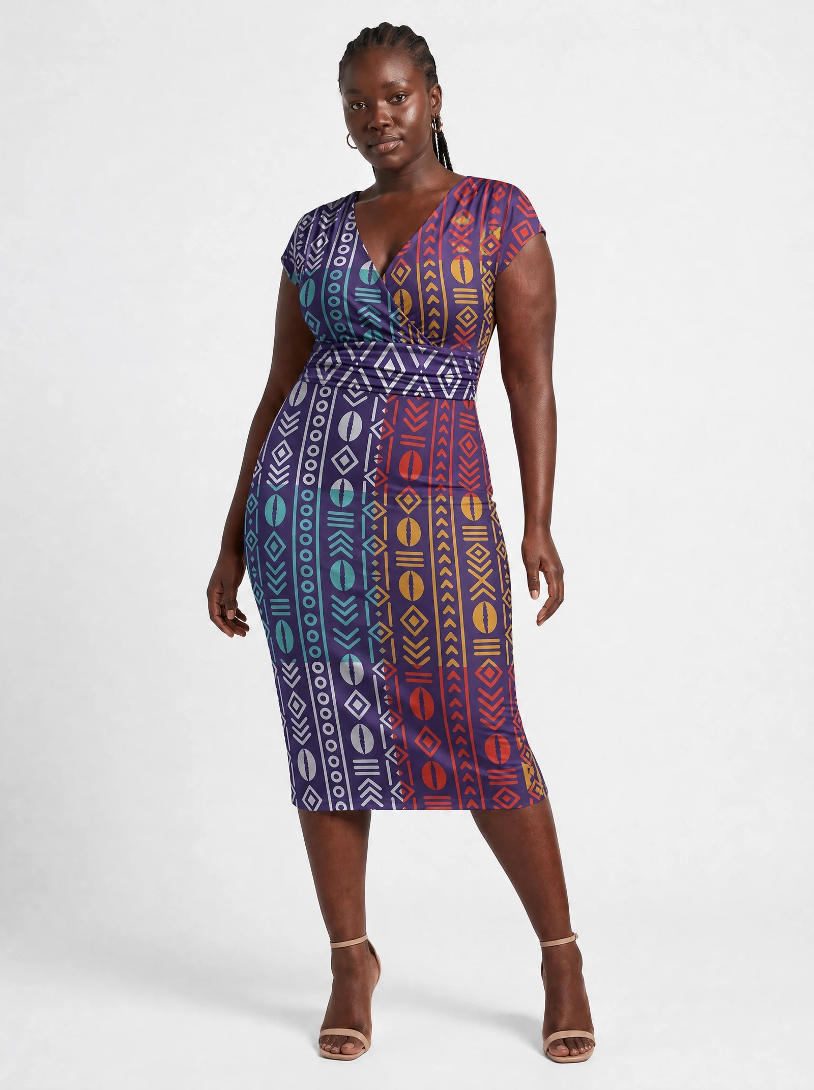"Oshun Zamani" Cap Sleeve Midi Dress — front view on model