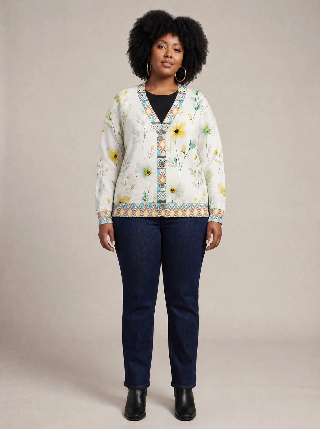 "Alizeti" Cardigan — front view on model