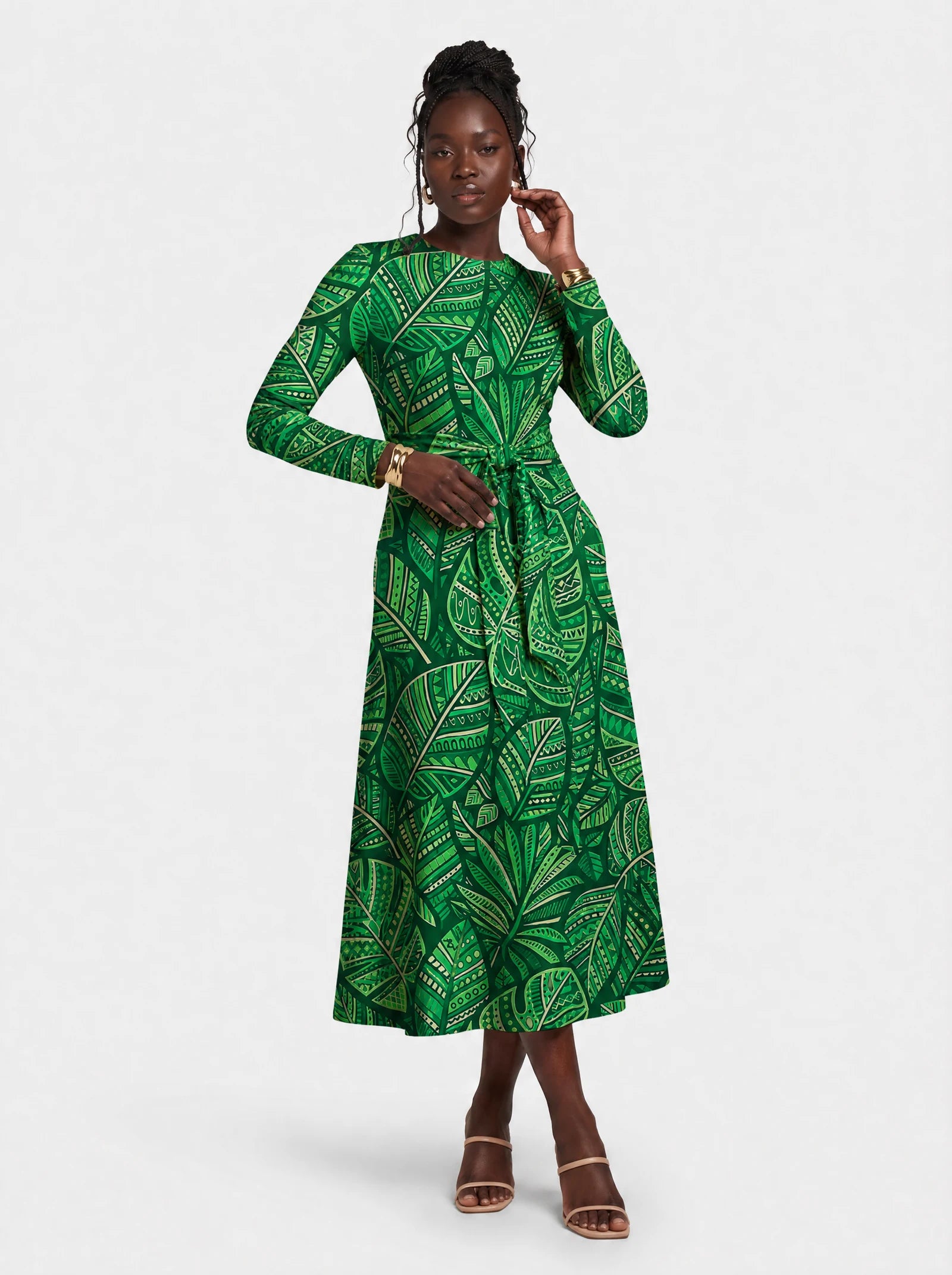 "Asili" Viscose Midi Dress — front view on model
