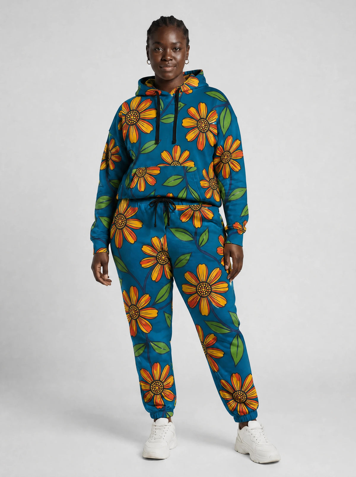 "Kitalu" Teal Poppy Hoodie & Jogger Set — front view on model