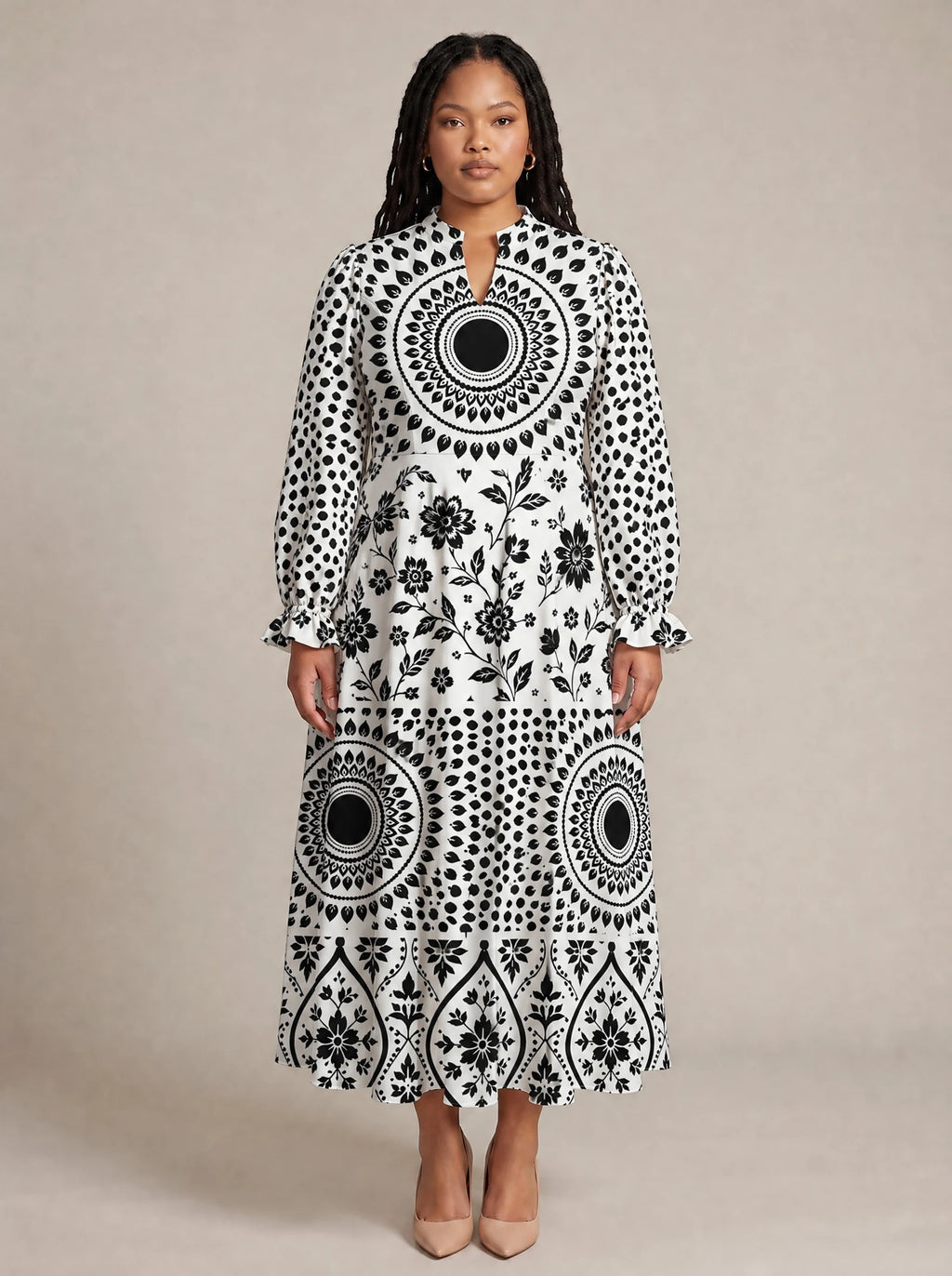 "Mwanga" Long Puff Sleeve Dress — front view on model