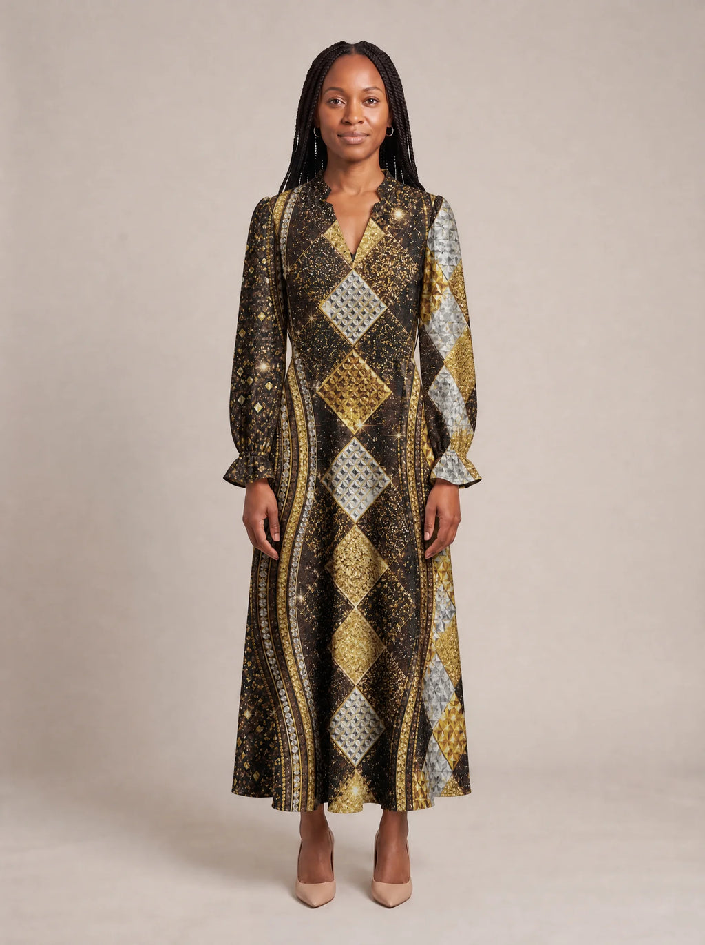 "Fataki" Long Puff Sleeve Dress — front view on model