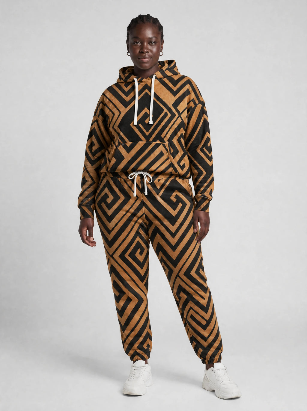 "Chapa" Camel Black Hoodie & Jogger Set — front view on model