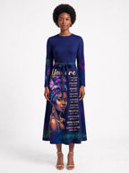 "Blue Orchid" Long Sleeve Midaxi Dress — front view on model