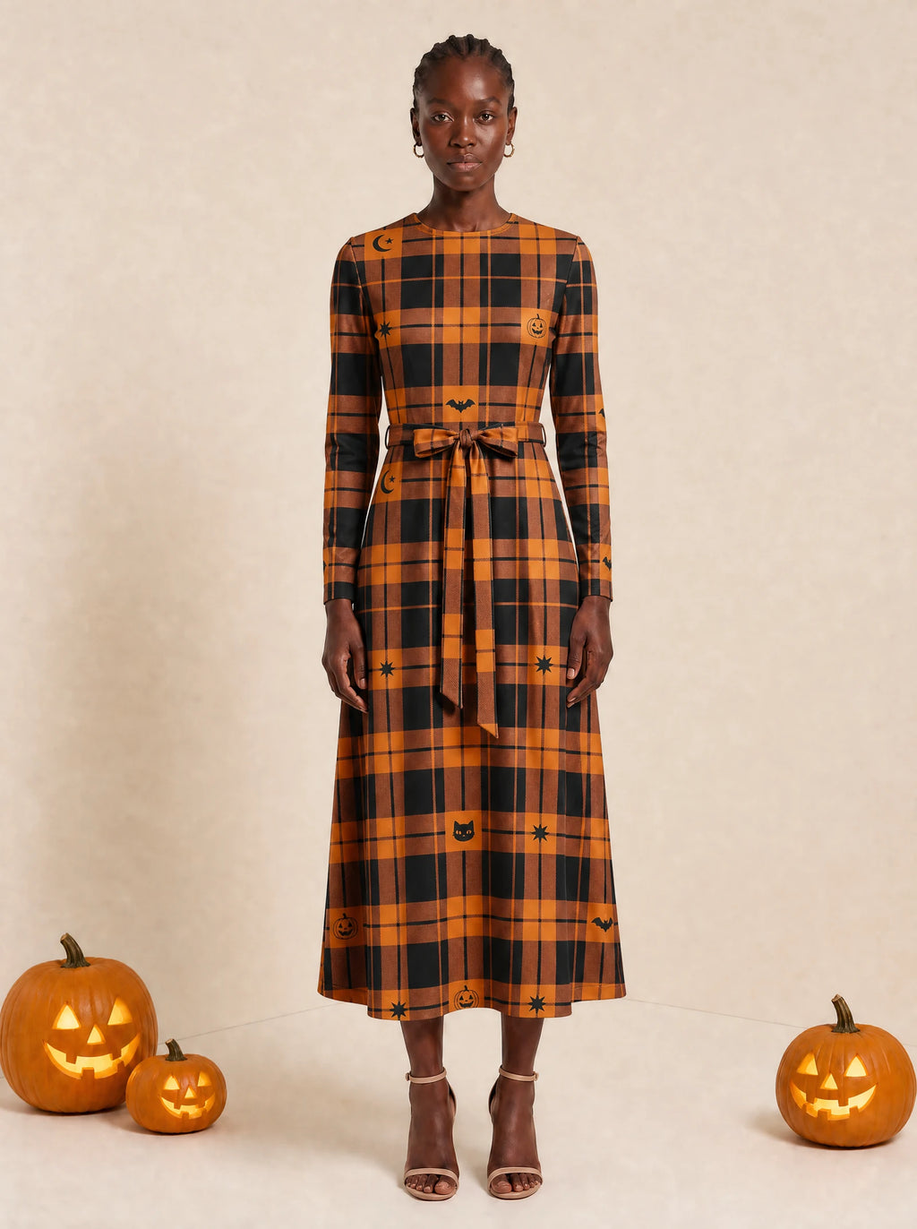 "Zulia" Halloween Long Sleeve Midaxi Dress — front view on model
