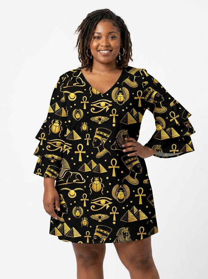 "Nefertiti" Black Gold Stacked Ruffle Sleeve Dress