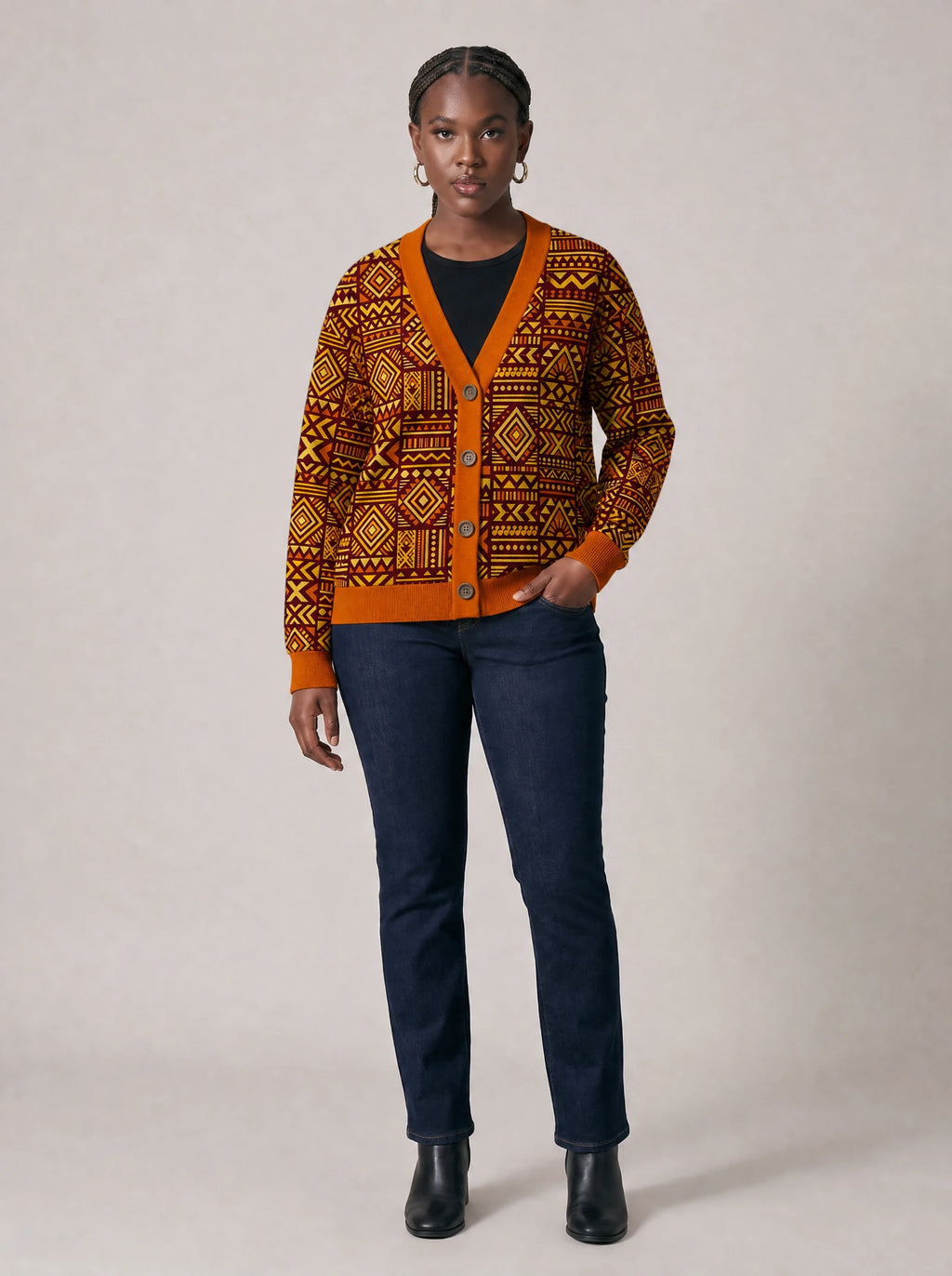 "Mudcloth" Cardigan — front view on model