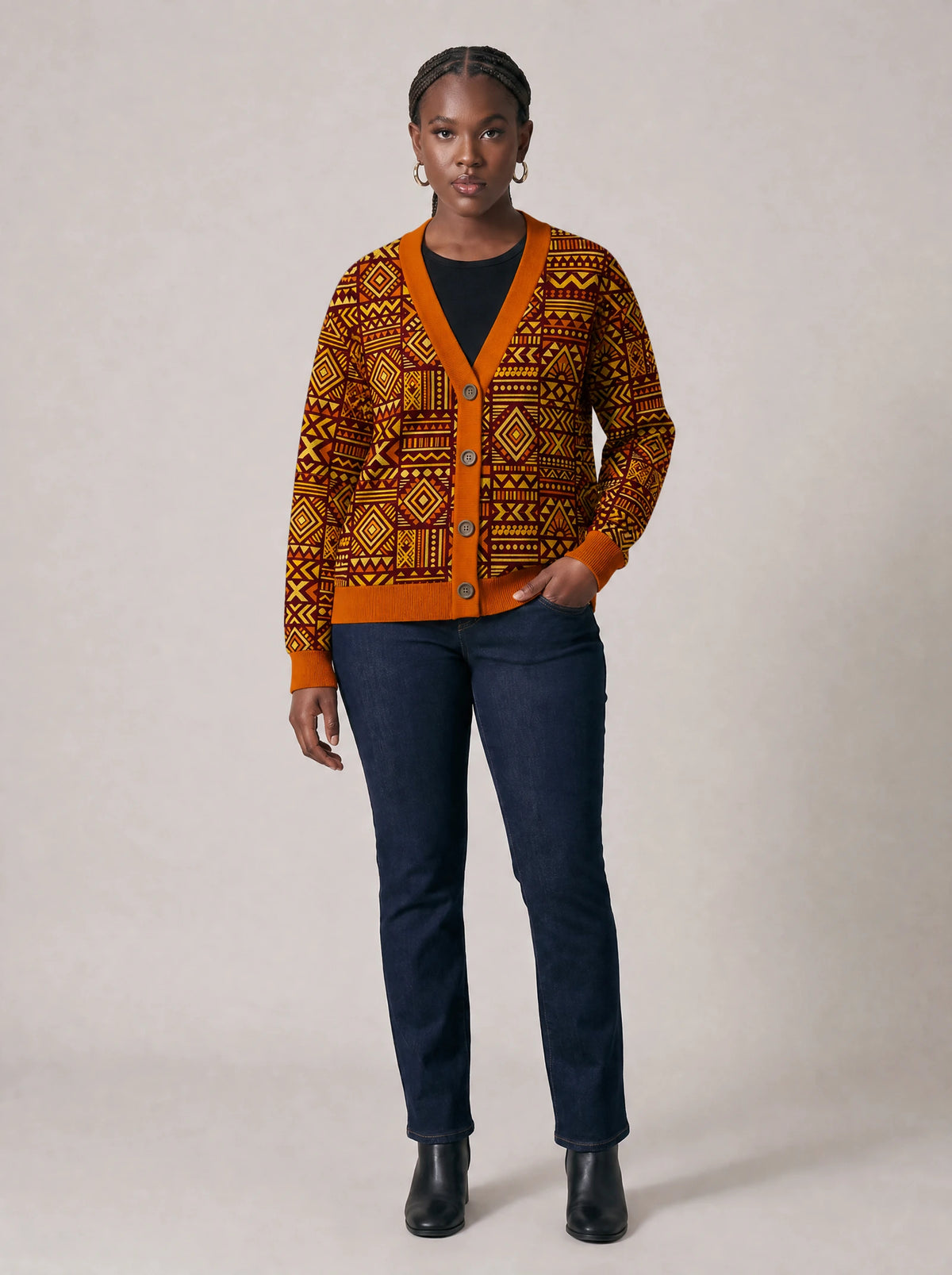 "Mudcloth" Cardigan — front view on model
