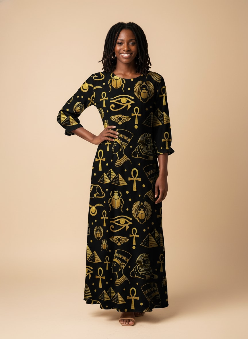 "Nefertiti" Black Gold Long Sleeve Maxi Dress