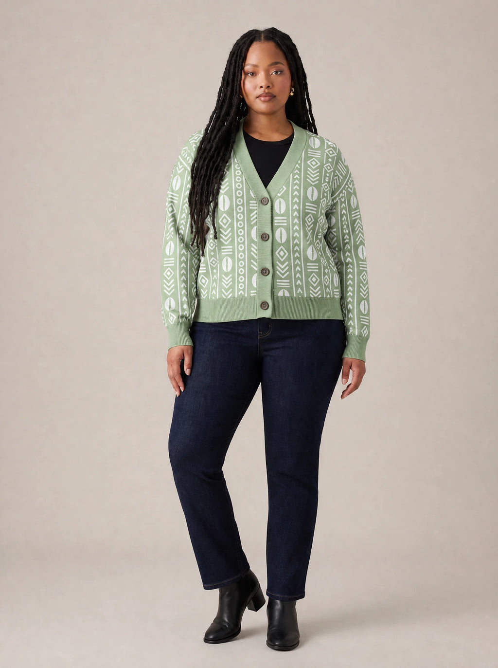 "Oshun Verde" Cardigan — front view on model