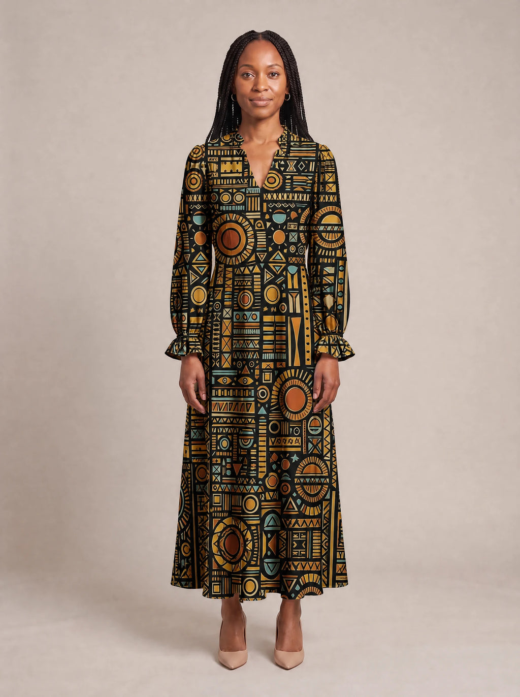 "Afrocentric Pattern" Long Puff Sleeve Dress — front view on model