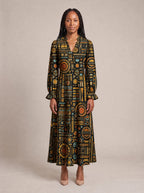 "Afrocentric Pattern" Long Puff Sleeve Dress — front view on model