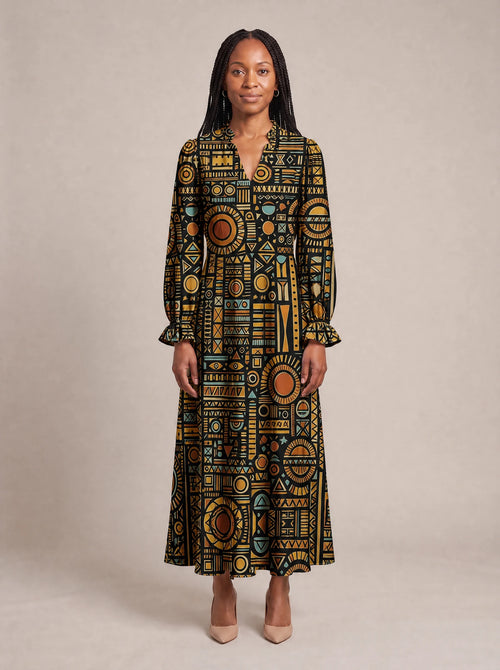 "Afrocentric Pattern" Long Puff Sleeve Dress — front view on model