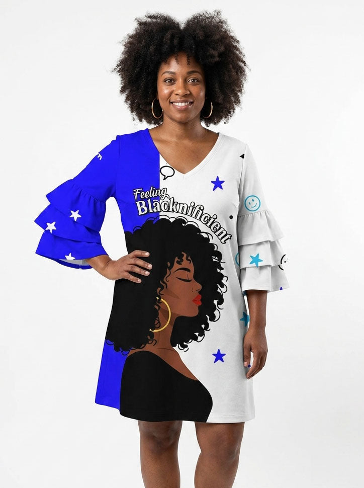 Feeling Blacknificient Blue Stacked Ruffle Sleeve Dress