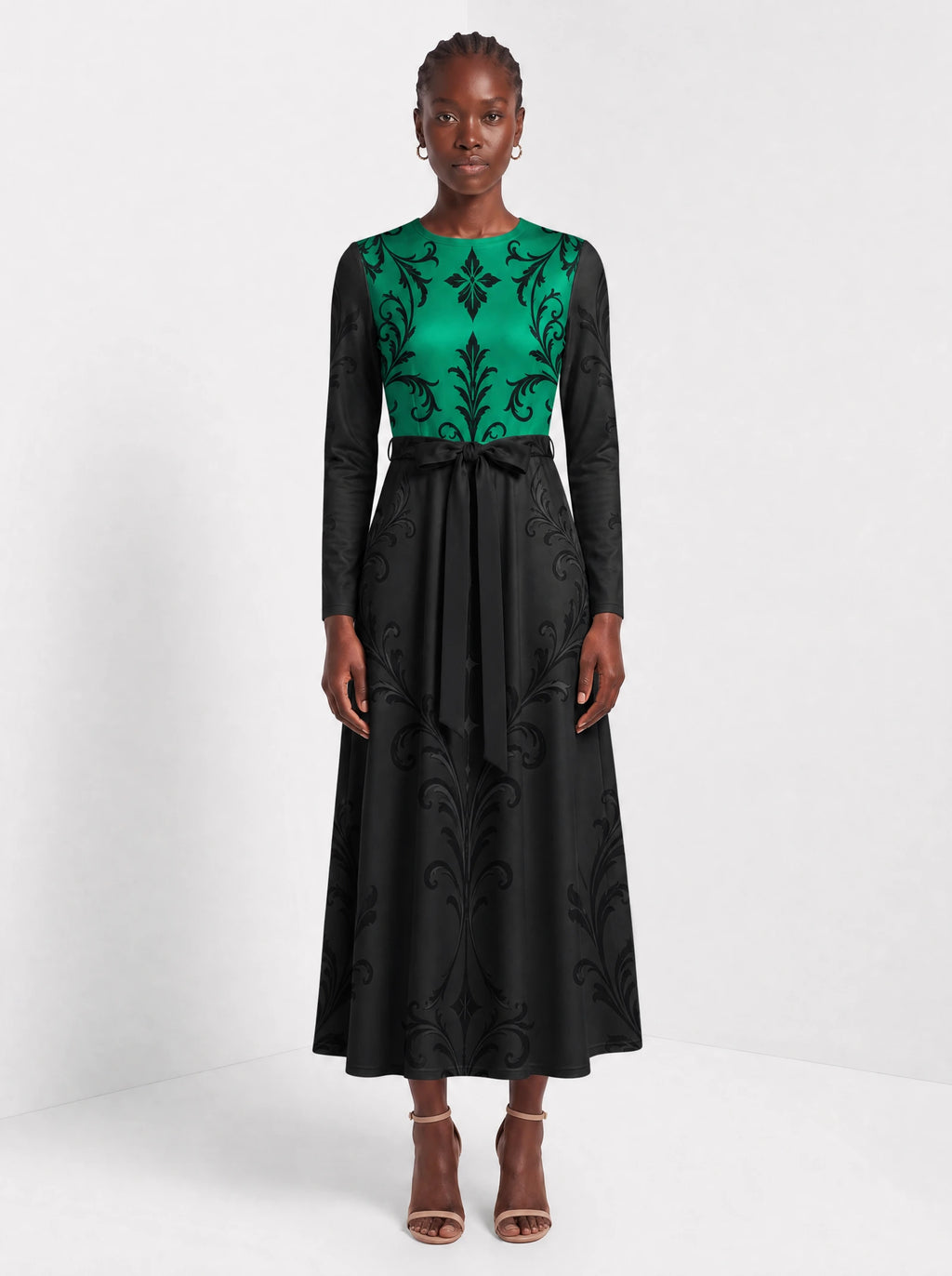 "Green Witch" Long Sleeve Midaxi Dress — front view on model