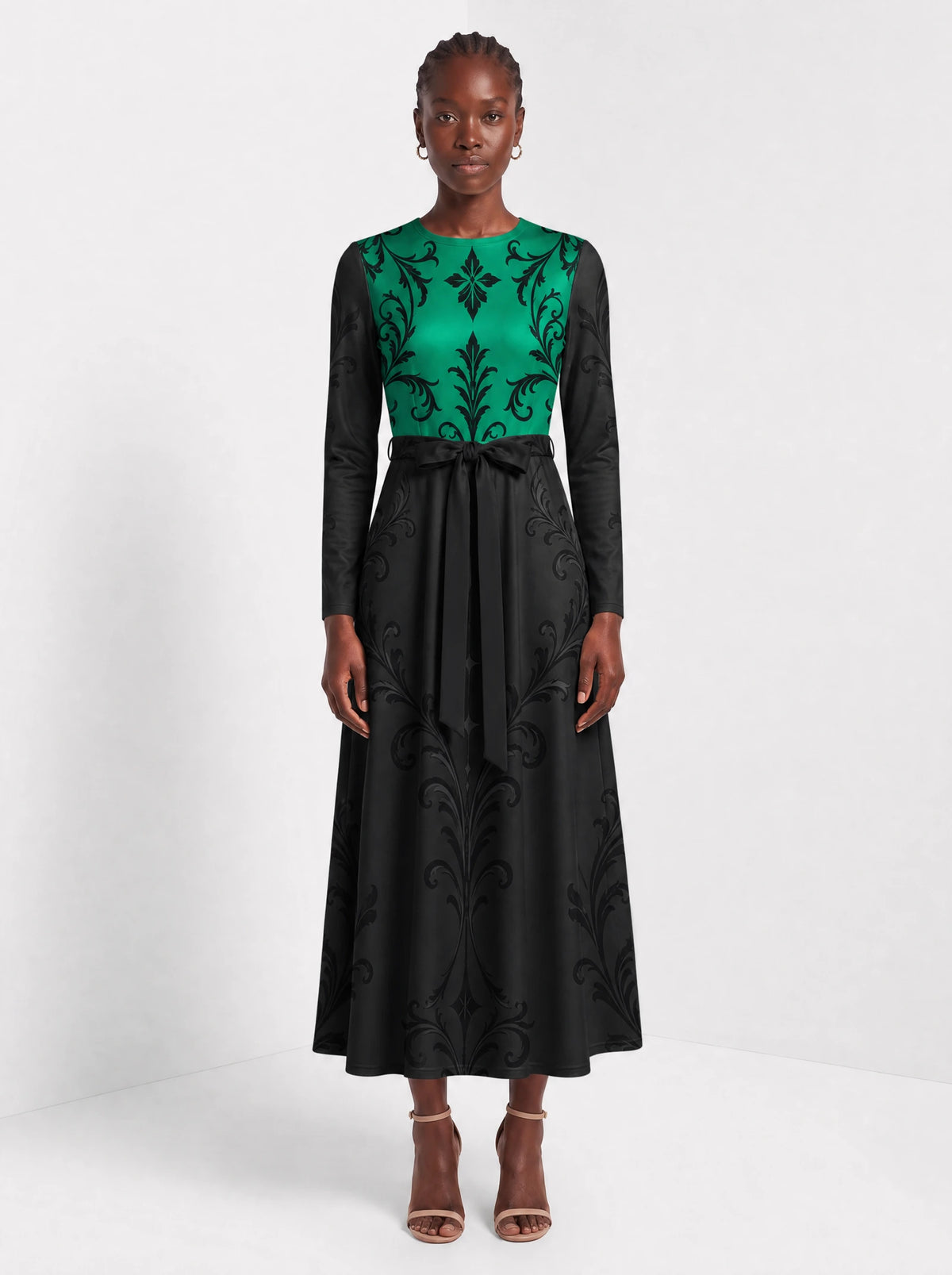 "Green Witch" Long Sleeve Midaxi Dress — front view on model