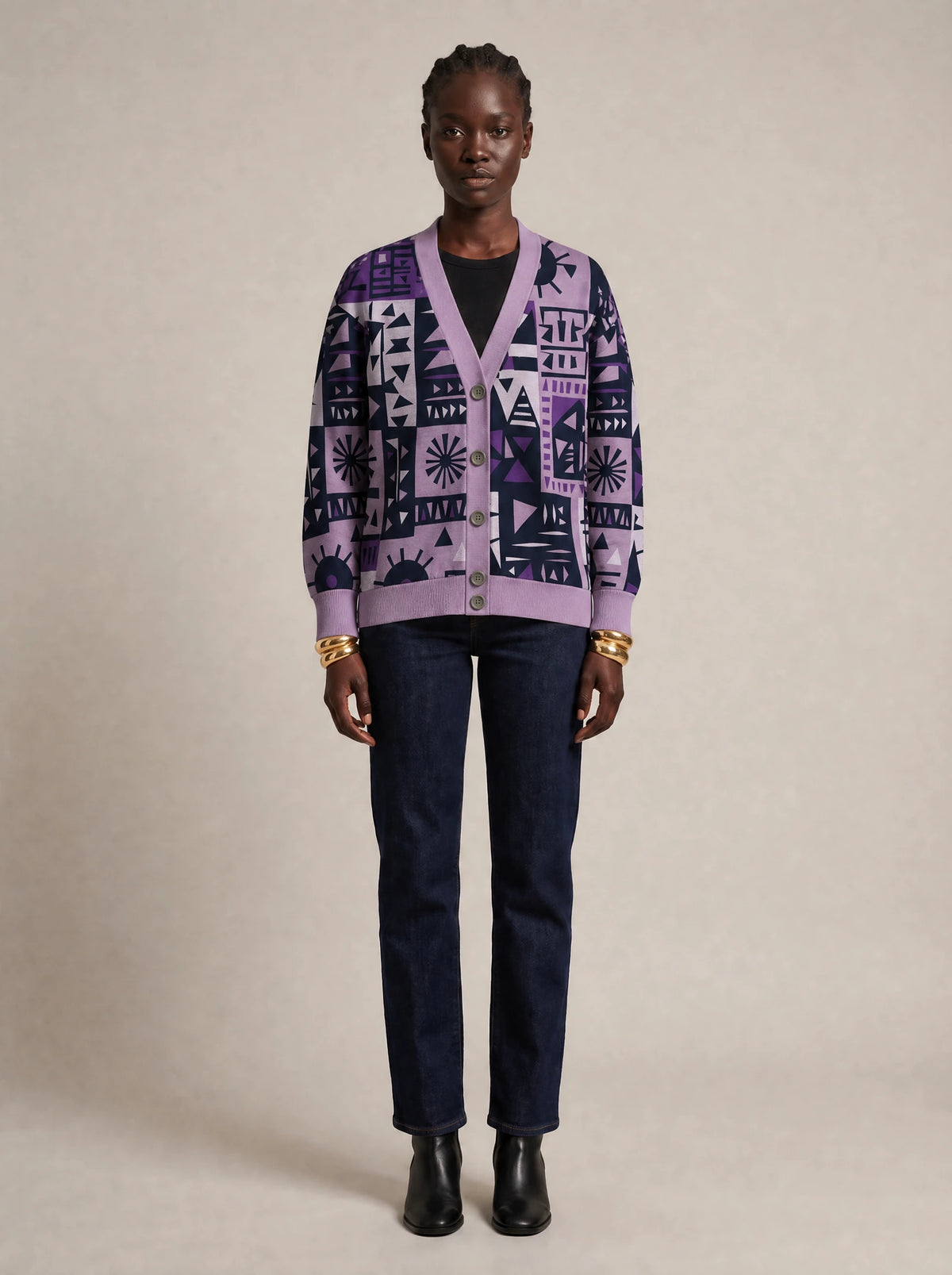 "Lavenda" Knitted Cardigan — front view on model