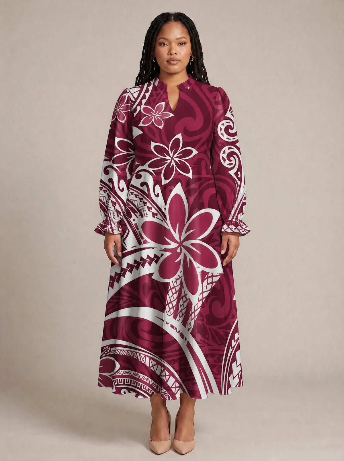 "Lehua" Long Puff Sleeve Dress — front view on model